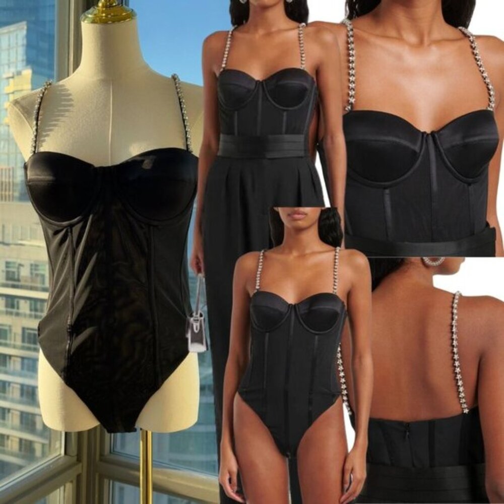 🆕 REBECCA VALLANCE 🧿 NWOT Eclipse Bodysuit, Black Mesh, Star Jewels, Sz US 6